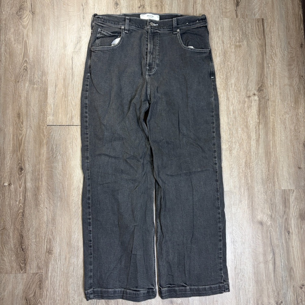 Hollister Mens Super Baggy Jeans 36x32 Dark Gray Wide Leg Pants Cotton Blend - Picture 1 of 8
